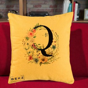 Cadou Personalizat - Perna Personalizata Monogram Litera Q cu Flori Acuarela, 40x40 cm, Galben, Husa Detasabila, Perna Inclusa, BEKZ®
