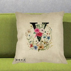 Cadou Personalizat - Perna Personalizata Monograma Florala Litera V cu Coroana, 40x40 cm, Crem, Husa Detasabila, Perna Inclusa, BEKZ®