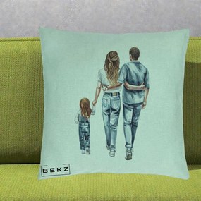 Cadou pentru Familie - Perna Personalizata Familie Acuarela Jeans, 40x40 cm, Verde Menta, Husa Detasabila, Perna Inclusa, BEKZ®