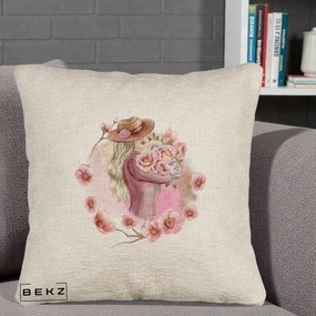 Perna Decorativa Femeie cu Flori Roz Acuarela, 40x40 cm, Bej Canapea, Husa Detasabila, Perna Inclusa, BEKZ®
