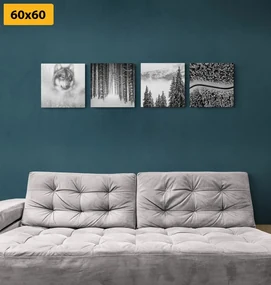 Set tablouri lupul în pădure misterioasă în design alb-negru