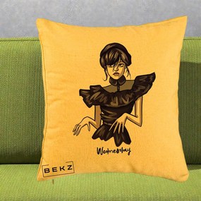 Perna Personalizata Wednesday Addams Dans Gotic, 40x40 cm, Galben, Husa Detasabila, Perna Inclusa, BEKZ®