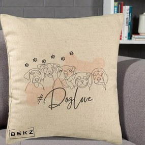 Perna Personalizata Dog Love Linie Minimalista, 40x40 cm, Bej, Husa Detasabila, Perna Inclusa, BEKZ®