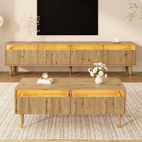 Set mobilier LED modern, comodă TV cu 4 uși &amp; masă de cafea cu 2 sertare, 178x35x45+110x50x40 cm, Culoare naturală