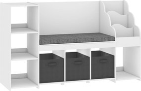 AIYAPLAY Raft Depozitare Jucării Copii 3-8 Ani cu Bibliotecă pe 3 Niveluri, 3 Sertare, 4 Compartimente, Pernă, Alb | Aosom Romania