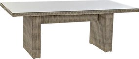 Set dining exterior din metal și sticlă, masă + 5 scaune, polirattan și stofă