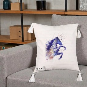 Perna Decorativa Cal Albastru Acuarela, 40x40 cm, Bej cu Franjuri, Husa Detasabila, Perna Inclusa, BEKZ®
