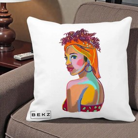 Perna Decorativa Portret Femeie Colorat Pop Art, 40x40 cm, Alba Mata, Husa Detasabila, Perna Inclusa, BEKZ®
