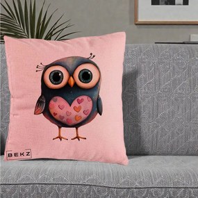 Perna Decorativa Bufnita cu Inimioare Roz, 40x40 cm, Roz, Husa Detasabila, Perna Inclusa, BEKZ®