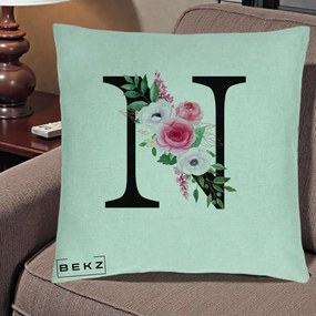 Cadou Personalizat - Perna Personalizata Monograma Florala Litera N, 40x40 cm, Verde Menta, Husa Detasabila, Perna Inclusa, BEKZ®