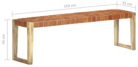 Banca, maro, 150 cm, piele naturala si lemn masiv de mango Maro, 150 x 35 x 45 cm