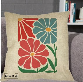 Perna Decorativa Flori Grafice Rosu-Albastru, 40x40 cm, Crem, Husa Detasabila, Perna Inclusa, BEKZ®