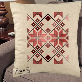 Perna Personalizata Motiv Traditional Cusatura Rosu-Negru, 40x40 cm, Bej, Husa Detasabila, Perna Inclusa, BEKZ®