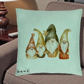 Perna Decorativa Gnomi de Craciun Patru, 40x40 cm, Verde Menta, Husa Detasabila, Perna Inclusa, BEKZ®