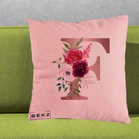 Cadou Personalizat - Perna Personalizata Monograma Rose Gold Litera F, 40x40 cm, Roz, Husa Detasabila, Perna Inclusa, BEKZ®