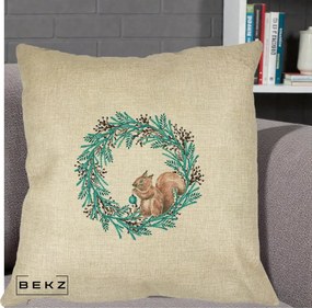 Perna Decorativa Coroana Turcoaz cu Veverita, 40x40 cm, Crem, Husa Detasabila, Perna Inclusa, BEKZ®