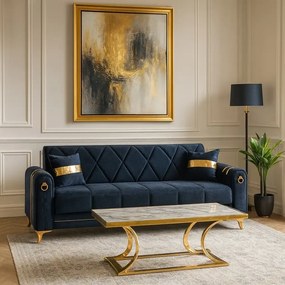 Canapea extensibila cu lada de depozitare 220x87x93 cm , detalii aurii –Camara