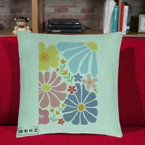 Perna Decorativa Flori Grafice Pastel Multicolor, 40x40 cm, Verde Menta, Husa Detasabila, Perna Inclusa, BEKZ®