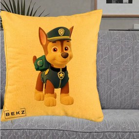 Perna Personalizata Chase PAW Patrol Albastru, 40x40 cm, Galben, Husa Detasabila, Perna Inclusa, BEKZ®