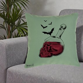 Perna Decorativa Halloween Craniu-Sticla cu Lilieci, 40x40 cm, Verde, Husa Detasabila, Perna Inclusa, BEKZ®