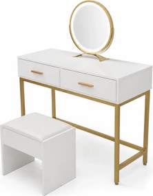 Set IASMINA – Masă de Toaletă pentru Machiaj, Oglindă Iluminată LED, Control Touch, 2 sertare, Taburet, Alb