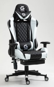 RESIGILAT- Scaun gaming, Masaj in 7 puncte, Boxe Bluetooth, funcție șezlong, 90-180 grade, suport picioare, sezut benzi elastice sustinere suplimentara, PU, Negru/Alb