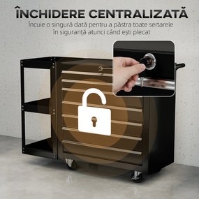 HOMCOM Cărucior pentru Unelte din Oțel cu 7 Sertare, Poliță Laterală Detașabilă, Roți, Capacitate 120kg, Negru | Aosom Romania