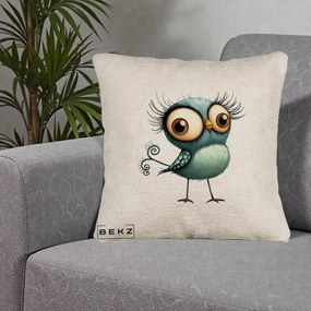 Perna Decorativa Pasare Teal cu Gene si Coada Spiralata, 40x40 cm, Bej Canapea, Husa Detasabila, Perna Inclusa, BEKZ®