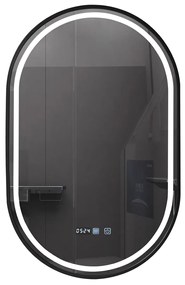 Oglinda baie, Multifuncțională, Iluminare LED 3 culori, Ceas încorporat, Sistem Dezaburire, Rama Negru, 45x90 cm