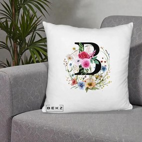 Cadou Personalizat - Perna Personalizata Monogram Litera B cu Flori Acuarela, 40x40 cm, Alb Pufos, Husa Detasabila, Perna Inclusa, BEKZ®
