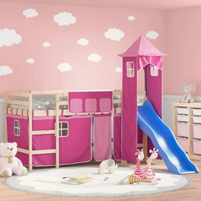 3207074 vidaXL Pat etajat de copii cu turn, roz, 90x200 cm, lemn masiv pin
