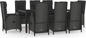 vidaXL Set mobilier de grădină cu perne, 9 piese, negru, poliratan
