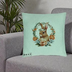 Perna Decorativa Iepuras Floral Coronita Acuarela, 40x40 cm, Verde Menta, Husa Detasabila, Perna Inclusa, BEKZ®