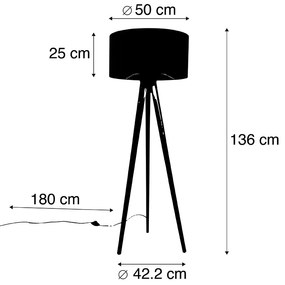 Lampa de podea modernă din lemn cu abajur din stofă negru cu model de păun 50 cm - Tripod Classic