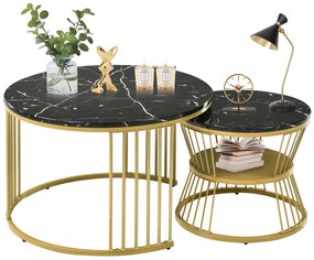 Set de 2 Măsuțe de Cafea Moderne, cu Blat cu Efect de Marmură și Cadru Metalic Auriu, Dimensiuni 70x70x47 cm și 45x45x40 cm, Negru