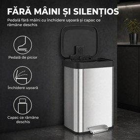 HOMCOM Coș de Gunoi Dreptunghiular cu Pedală 50 L din Oțel Inoxidabil, cu Închidere Amortizată și Compartiment pentru Odorizant, Argintiu | Aosom Romania