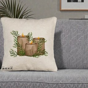 Perna Decorativa Lumanari Rustice cu Crengute Brad, 40x40 cm, Bej Canapea, Husa Detasabila, Perna Inclusa, BEKZ®