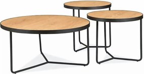 Set 3 măsuțe cafea DEMETER, stejar/negru, furnir/metal/MDF