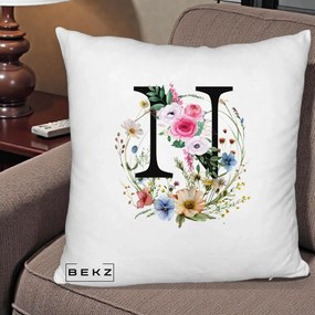 Cadou Personalizat - Perna Personalizata Monogram Litera N cu Flori Acuarela, 40x40 cm, Alb Pufos, Husa Detasabila, Perna Inclusa, BEKZ®