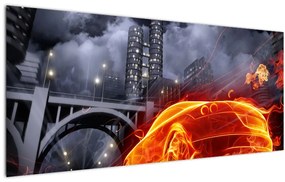 Tablou cu mașina în flăcărată (120x50 cm)