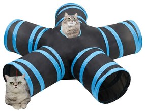 Tunel pentru pisici 5 cai, negru si albastru, 25 cm, poliester