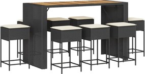 vidaXL Set mobilier bar de grădină cu perne, 9 piese, negru, poliratan