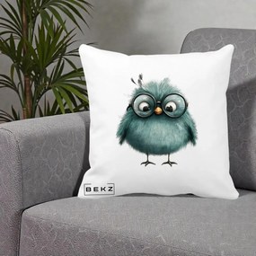 Perna Decorativa Pui Teal cu Ochelari Rotunzi, 40x40 cm, Alba Mata, Husa Detasabila, Perna Inclusa, BEKZ®