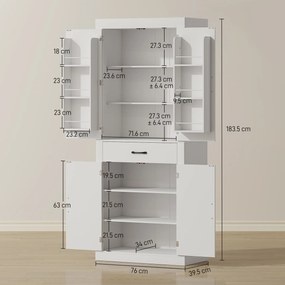 HOMCOM Dulap de bucătărie în stil country cu 2 dulapuri, 6 rafturi și un sertar, din lemn, 76x39,5x183,5 cm, alb | Aosom Romania