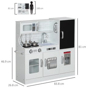 AIYAPLAY Bucătărie pentru copii, bucătărie de jucărie cu telefon, tablă, cuptor cu microunde, cuptor, chiuvetă, accesorii, mașină de cuburi de gheață, 3-8 ani, alb | Aosom Romania