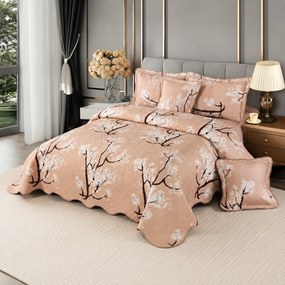 Cuvertură bumbac 100%, roz-piersică cu ramuri, 5 piese, 230x250 cm, CB379