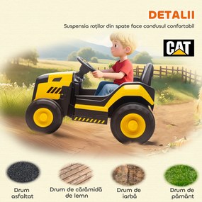 AIYAPLAY Mașină Electrică pentru Copii 3-6 Ani, Licențiată Oficial de CAT, 12V, Control Manual și cu Telecomandă, Galben | Aosom Romania