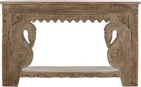 Masă consolă sculptată din lemn, natur, cu raft, două păsări stilizate sub friză și margine cu festoane, 91 x 148 x 38 cm, „Imperial”