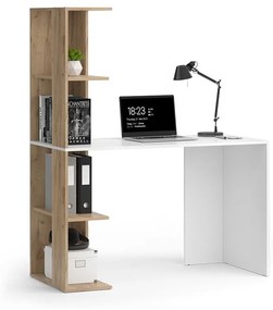 BIA214 - Masa de birou cu rafturi, 122 cm, home office - Alb - culoarea Stejar