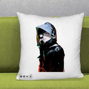 Perna Personalizata Tokyo Ghoul Ken Kaneki cu Masca si Gluga, 40x40 cm, Alb Pufos, Husa Detasabila, Perna Inclusa, BEKZ®